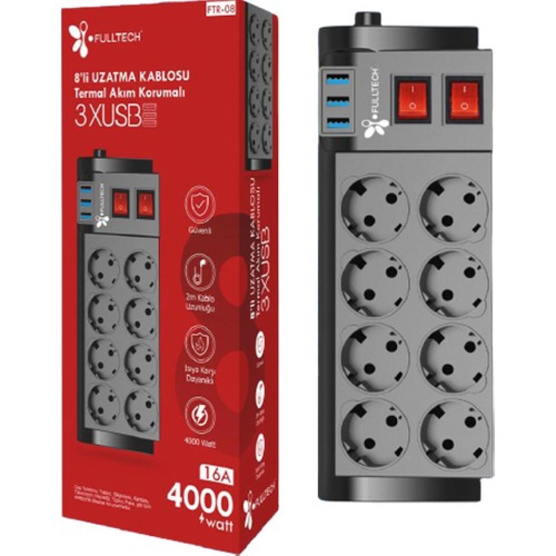 Fulltech Termal Akım Korumalı Isıya Karşı Dayanıklı 8'li Priz  Kablo Uzunluğu 2 mt 3 x Usb