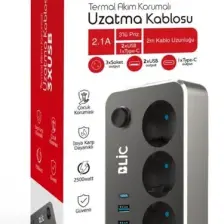 Termal Akım Korumalı Isıya Karşı Dayanıklı 3'lü Priz Kablo Uzunluğu 2mt 3xusb