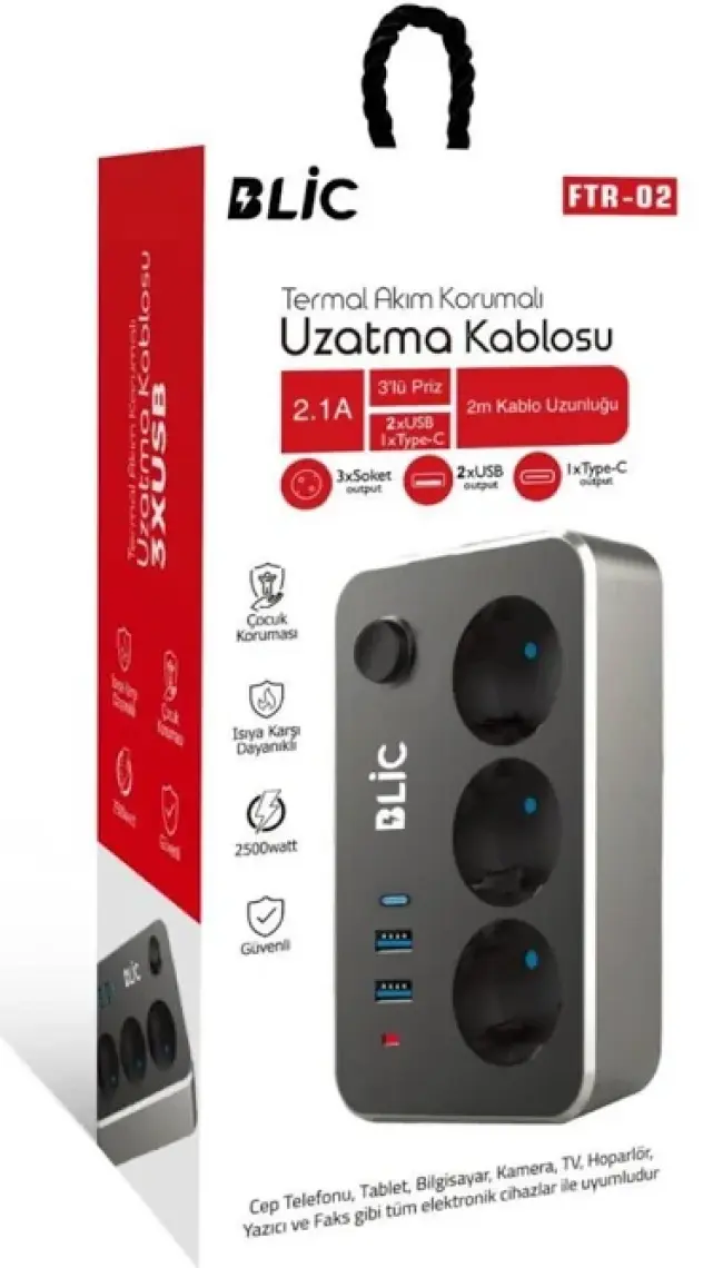Termal Akım Korumalı Isıya Karşı Dayanıklı 3'lü Priz Kablo Uzunluğu 2mt 3xusb