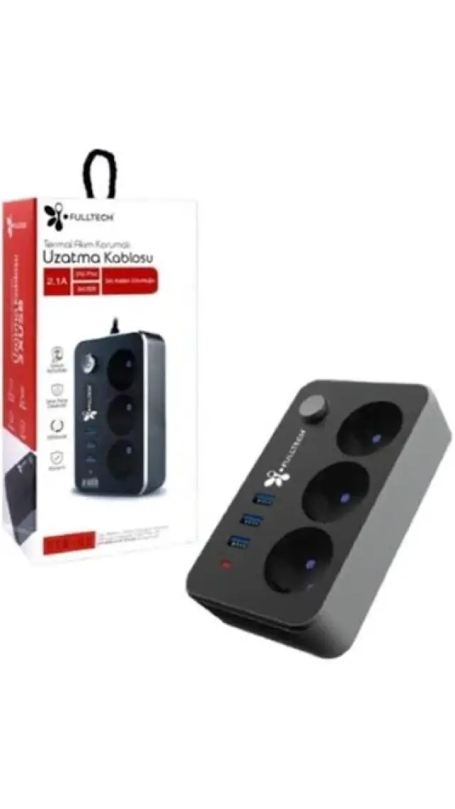 Termal Akım Korumalı Isıya Karşı Dayanıklı 3'lü Priz Kablo Uzunluğu 2mt 3xusb