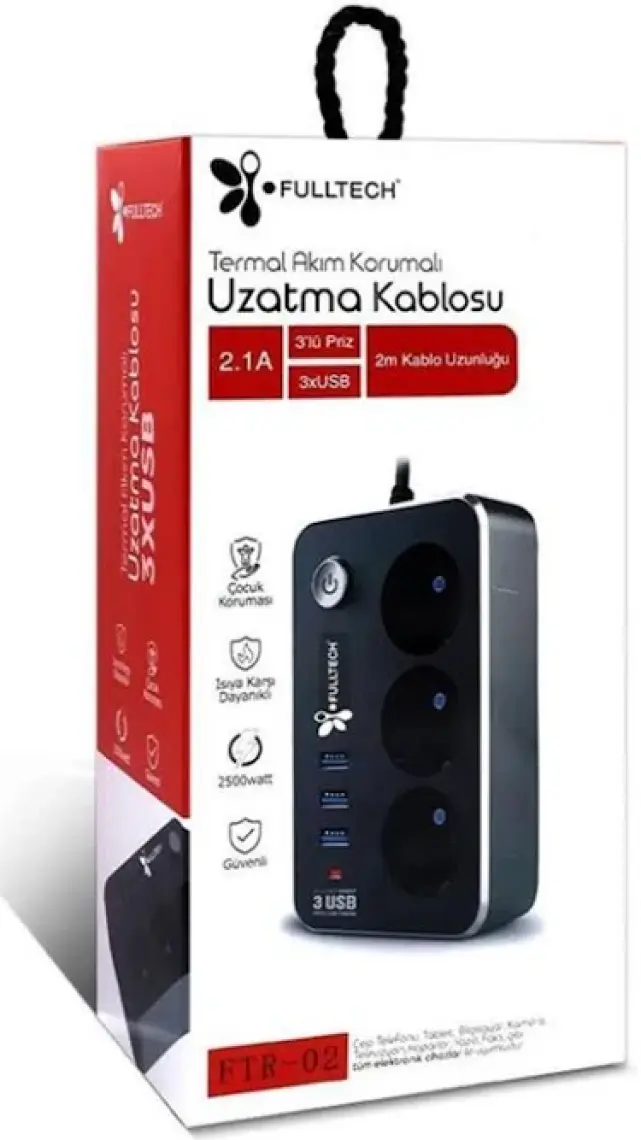 Termal Akım Korumalı Isıya Karşı Dayanıklı 3'lü Priz Kablo Uzunluğu 2mt 3xusb