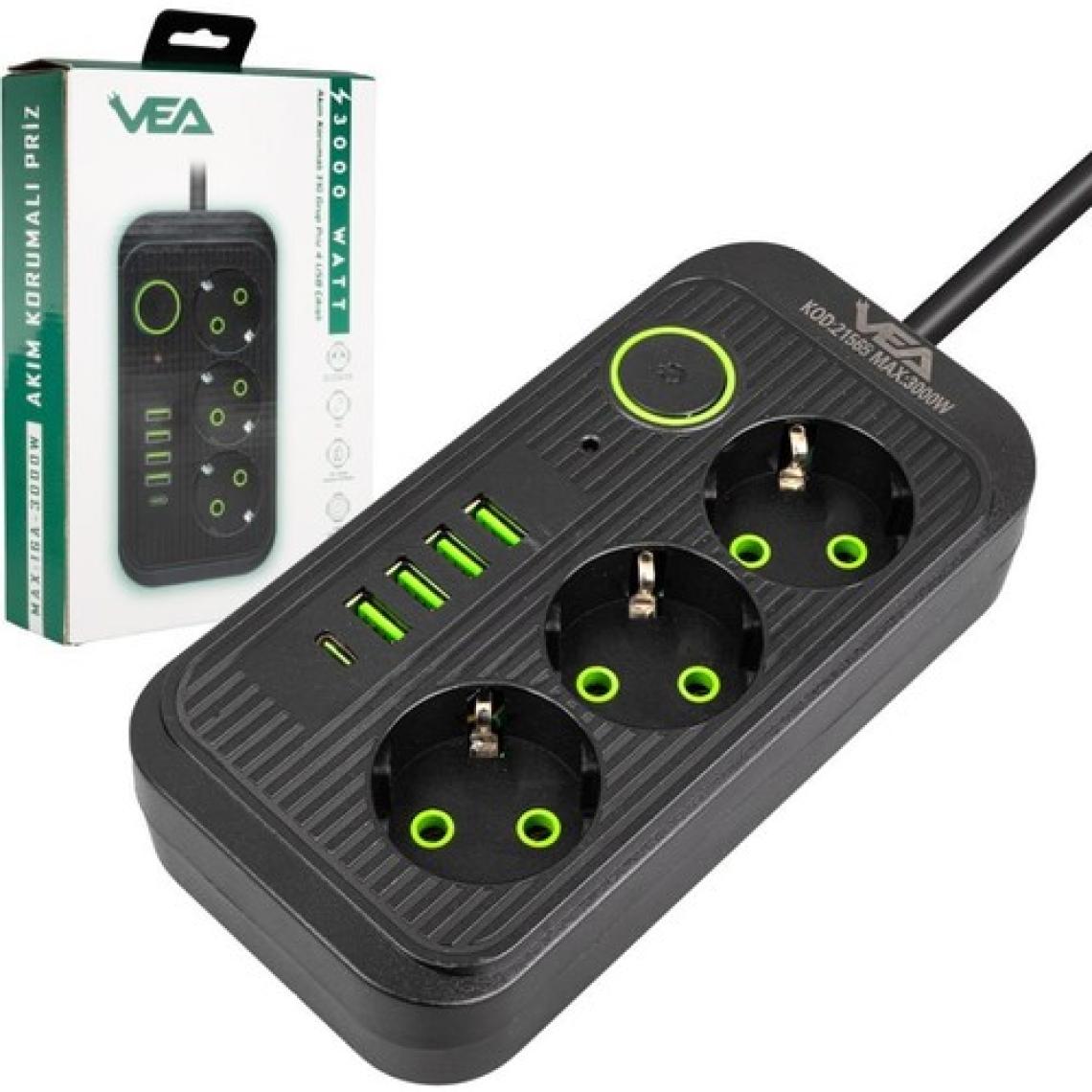 Vea VA-21565 4 x Usb+Type-C 3'lü 1.5 Metre Akım Korumalı Priz Siyah