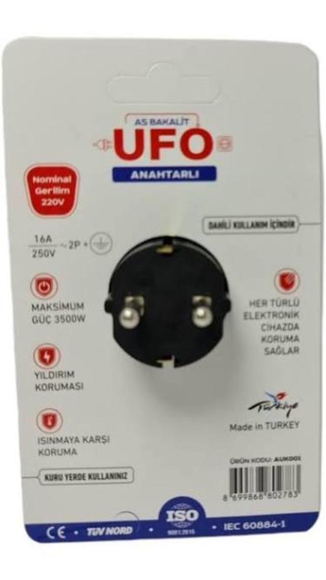 As Bakalit Ufo Anahtarlı Tekli Akım Korumalı Fişli Priz Siyah 323027