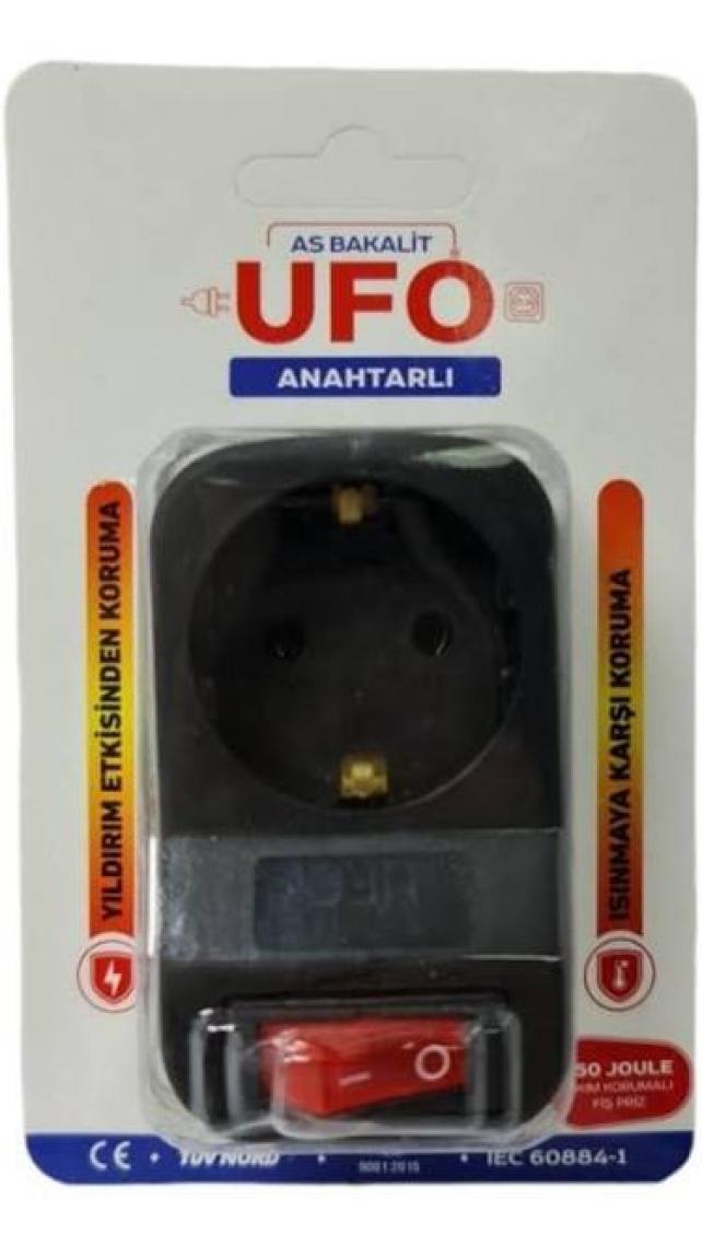 As Bakalit Ufo Anahtarlı Tekli Akım Korumalı Fişli Priz Siyah 323027
