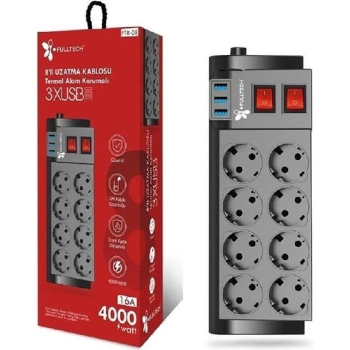 Fulltech Termal Akım Korumalı 8li Uzatma Kablosu 3xusb 2 Metre 16 Amper