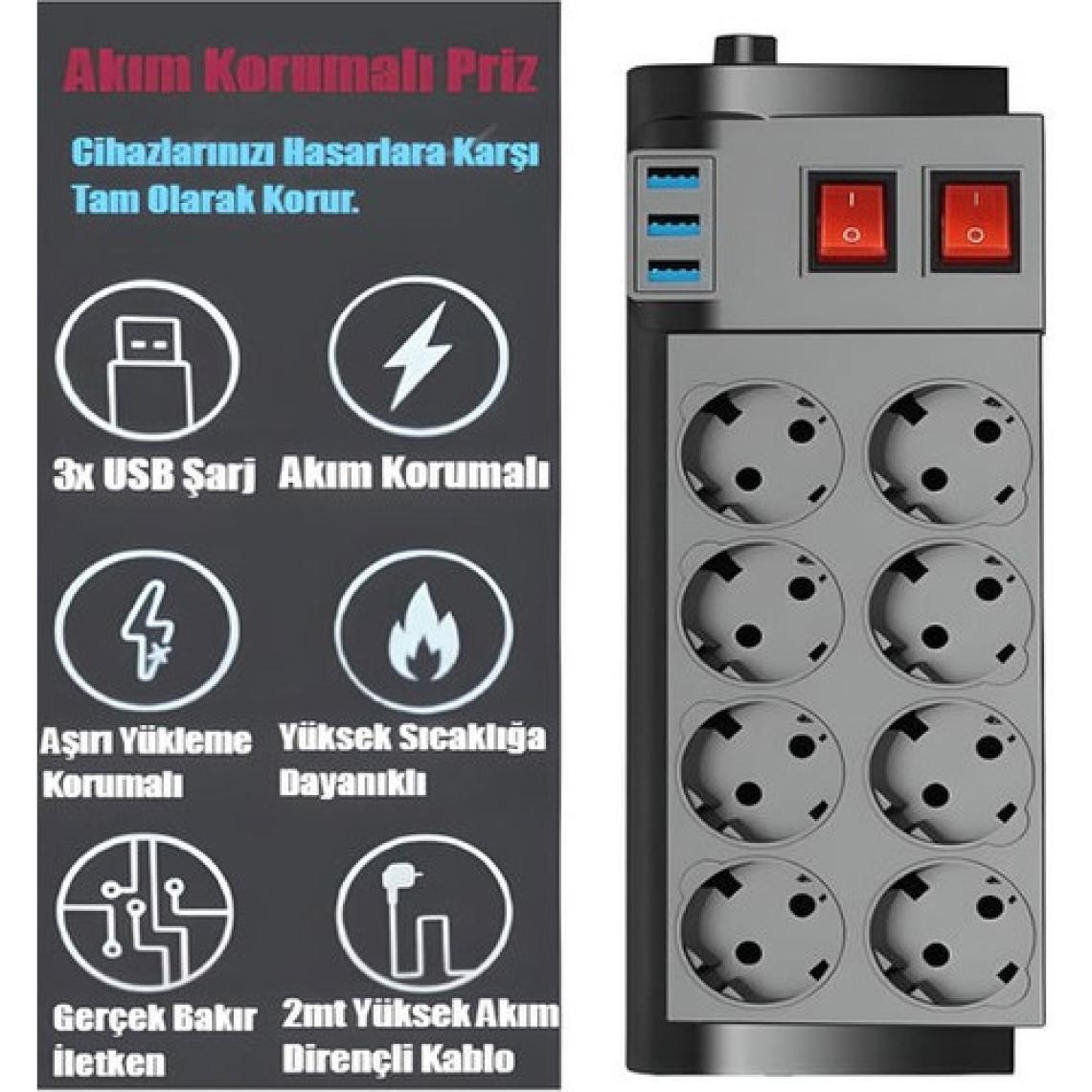 ÇELİKWORK FTR8 4000W Akım Korumalı 8'li Priz Çoklayıcı - 16A, 2 Anahtarlı, 3 USB, 2 Metre Kablo