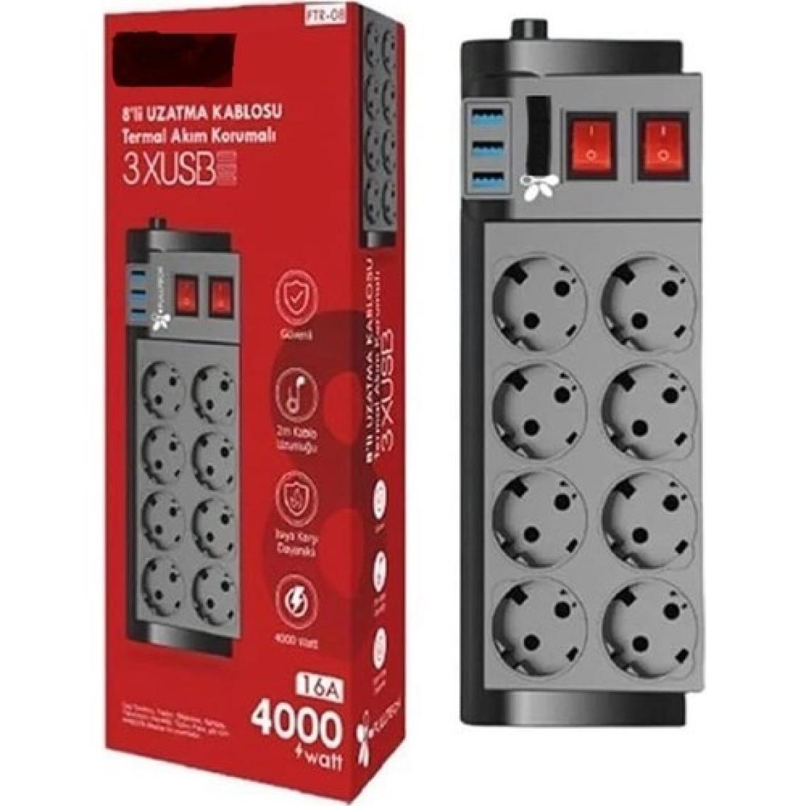 ÇELİKWORK FTR8 4000W Akım Korumalı 8'li Priz Çoklayıcı - 16A, 2 Anahtarlı, 3 USB, 2 Metre Kablo