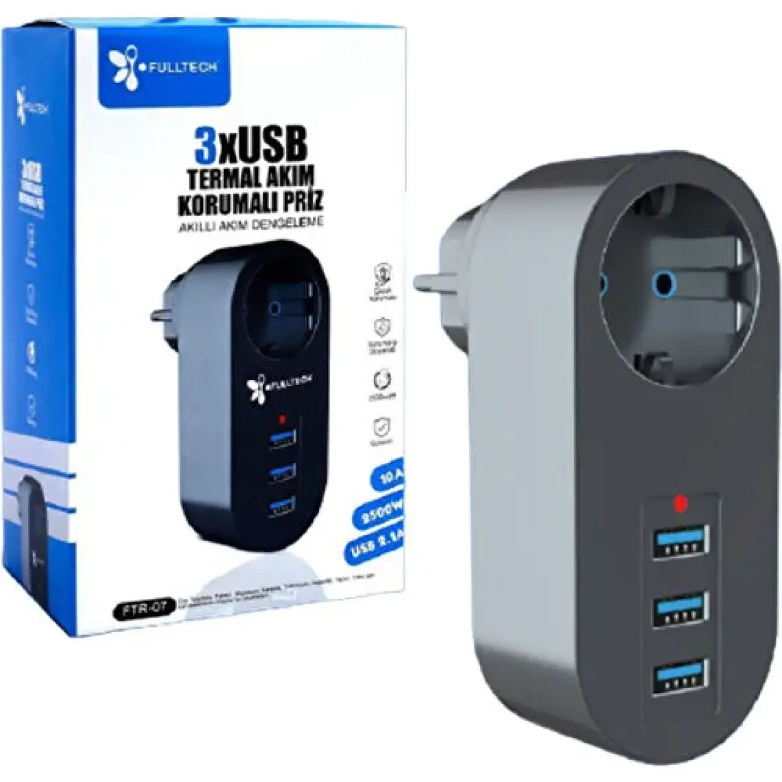 Fulltech Termal Akım Korumalı Tekli Priz - Akıllı Akım Dengeleme - 3xusb  - Isıya Karşı Dayanıklı