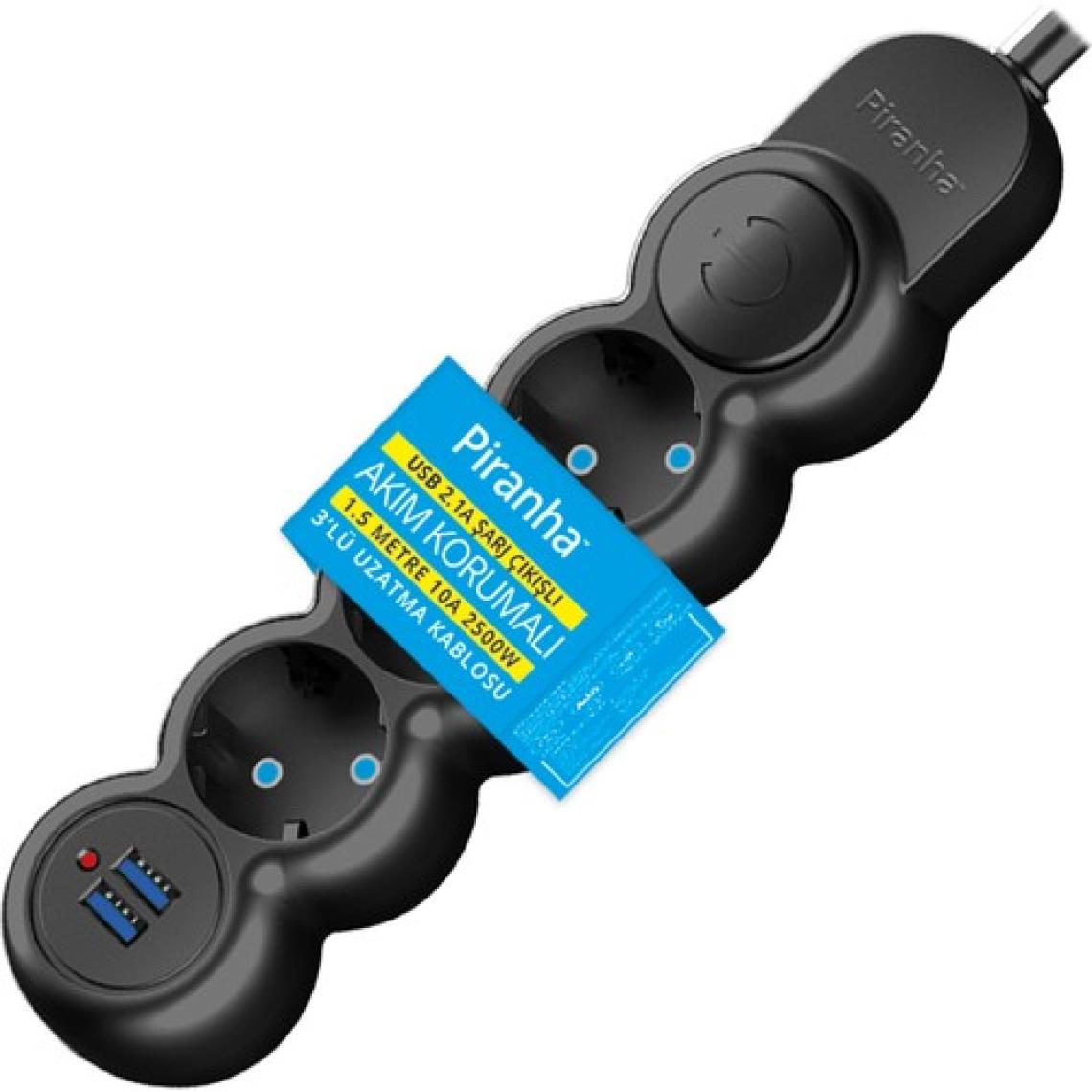 Piranha 3393B USB 2.1A Şarj Çıkışlı Akım Korumalı 1.5 M 10A 2500W 3'lü Uzatma Kablosu