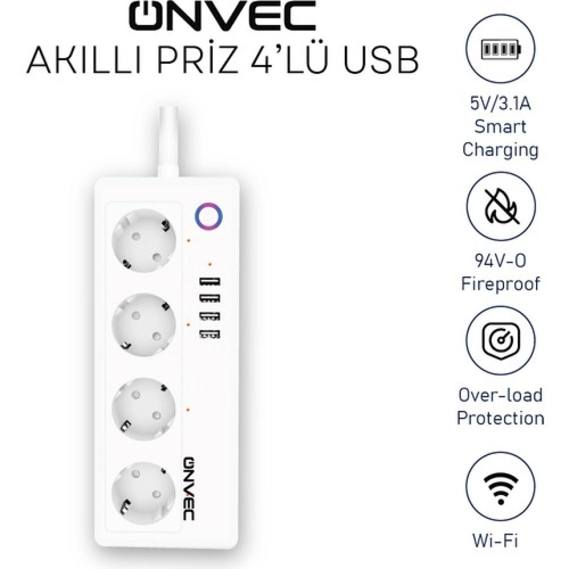 Onvec 4'lü Akım Korumalı Usbli Akıllı Grup Priz