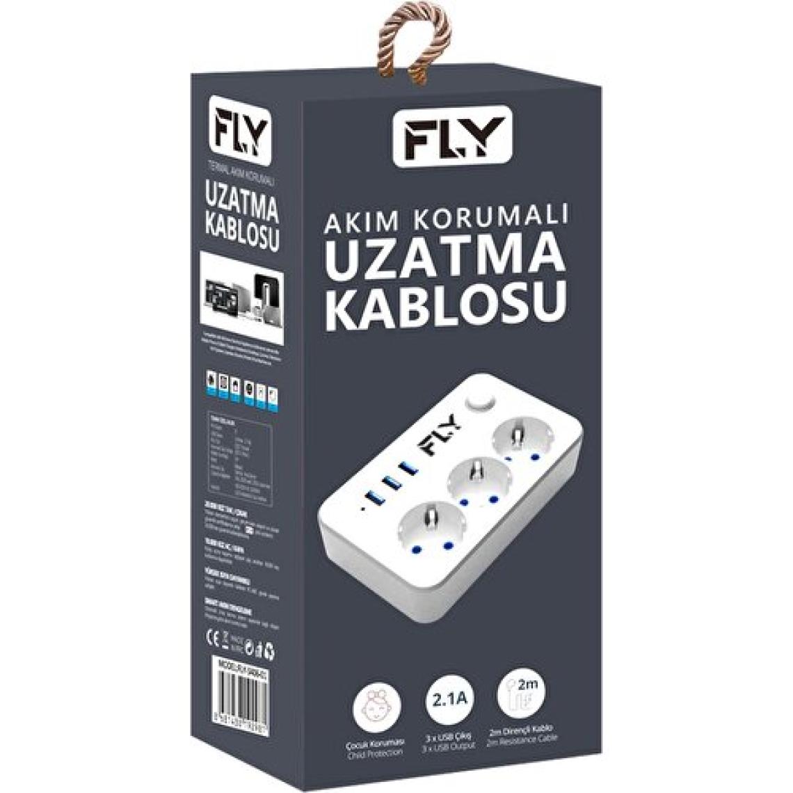 FLY-3406 Akım Korumalı Anahtarlı Topraklı Çocuk Korumalı 3'lü Grup Priz (3'li USB Şarj Destekli) 2 Metre