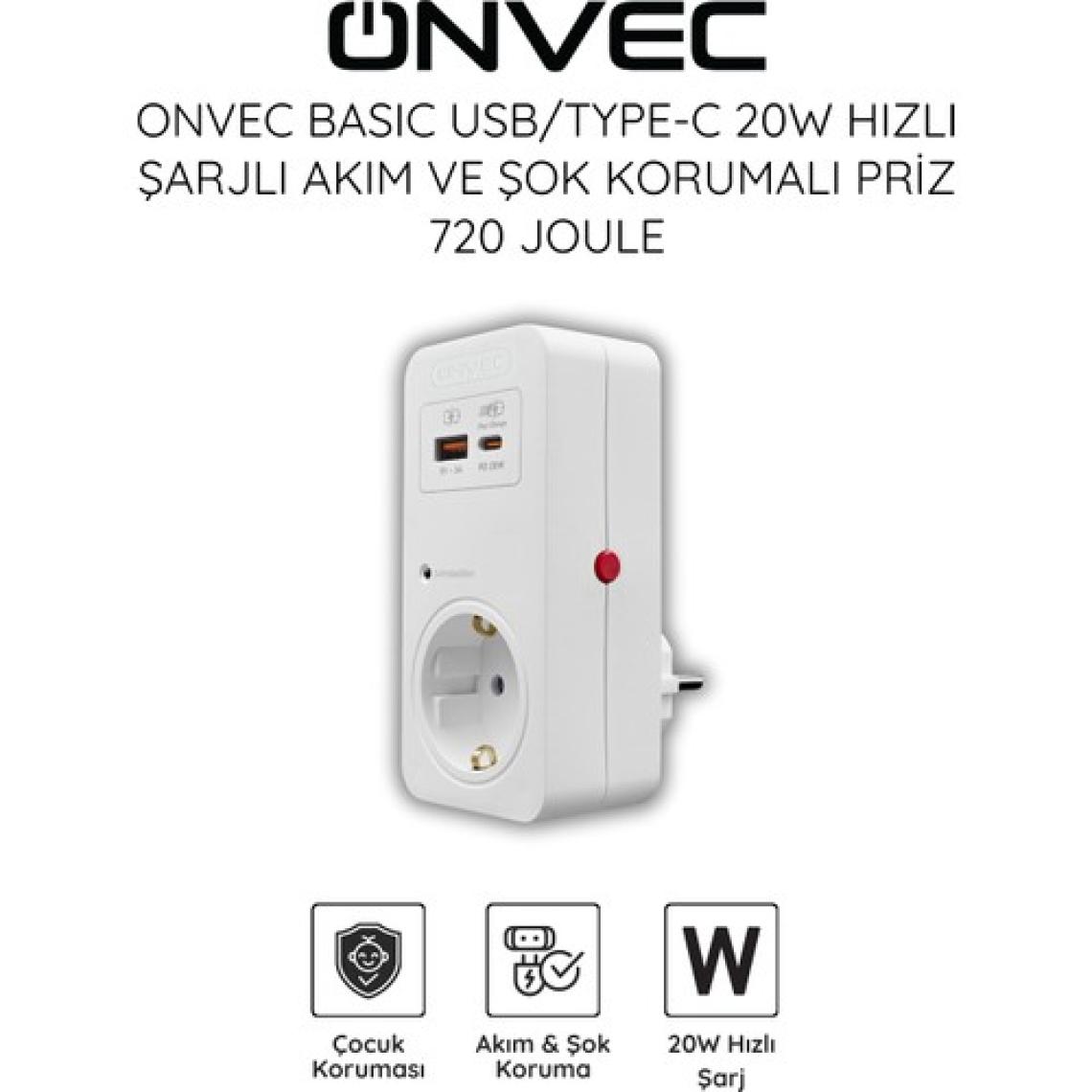 Onvec Basic Usb/Type-c 20W Hızlı Şarjlı Akım ve Şok Korumalı Priz 720 Joule