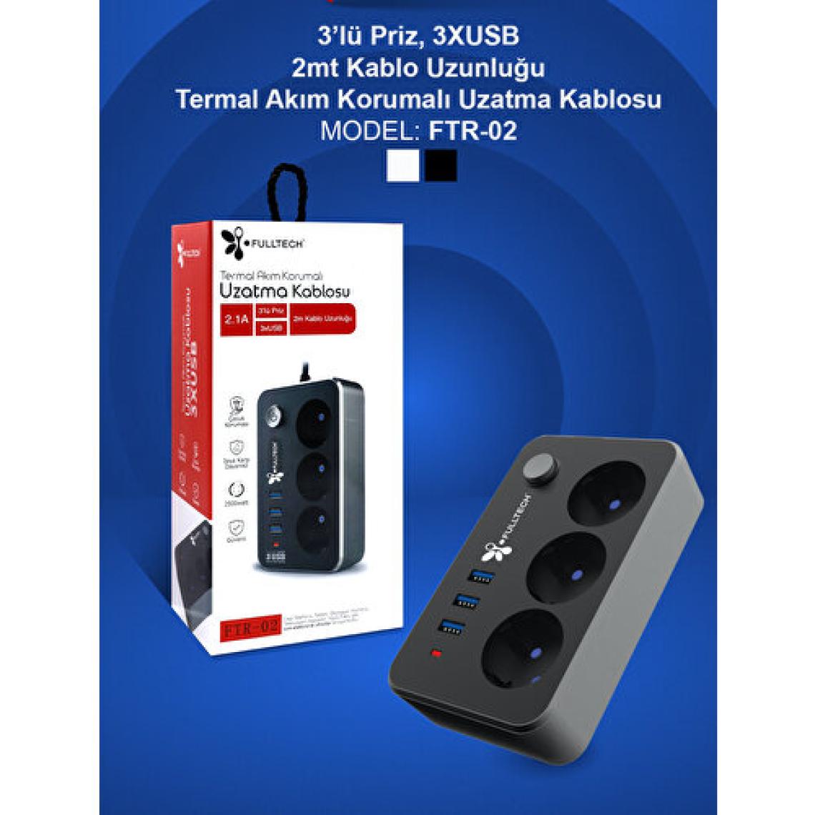 Fultech Airstorr Fulltech Ftr-02 2 M 3'lü Termal Akım Korumalı Priz USB