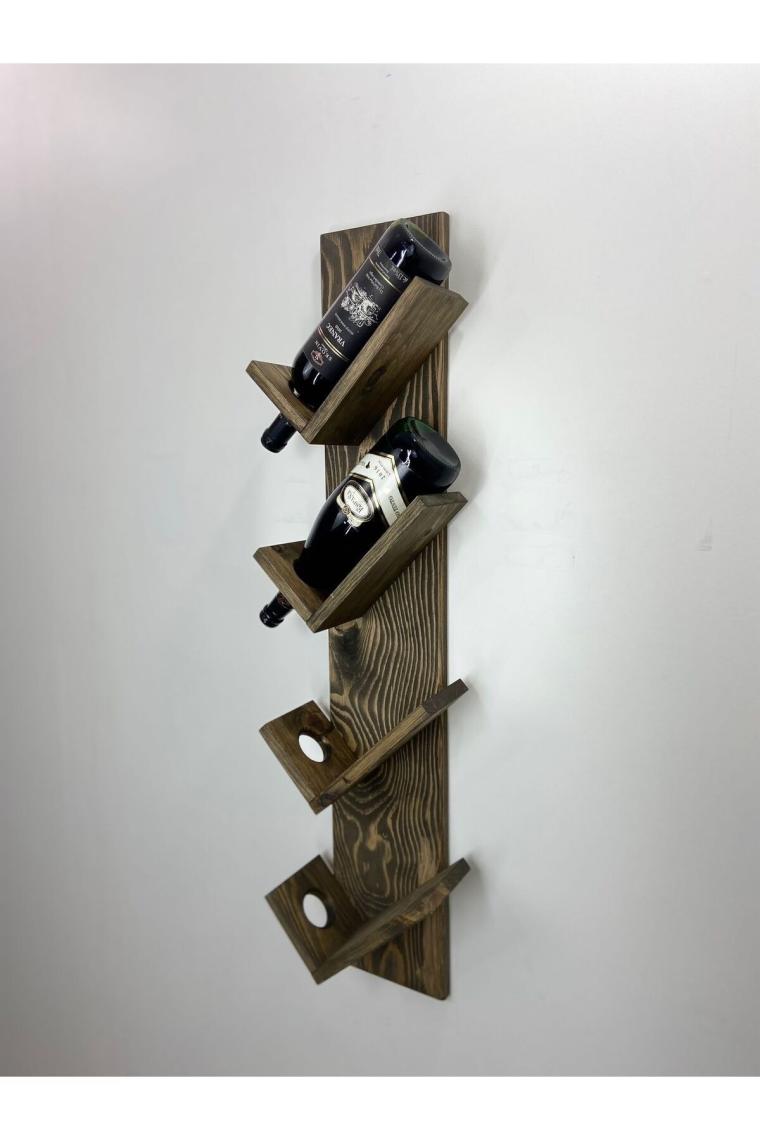 O&A Wood Doğal Ahşap Vintage Şaraplık, Şarap Rafı, 4'lü Retro Ahşap Şaraplık, Ceviz