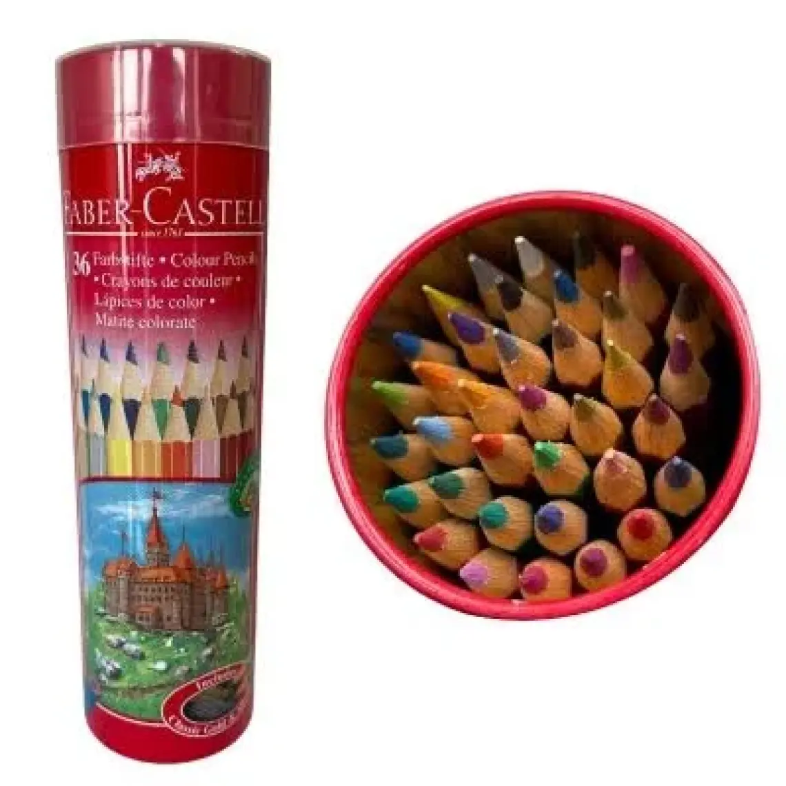 Faber-Castell Kuru Boya Kalemi, Kırmızı  Metal Tüp Kutu, 12 Renk, Tam Boy, Kalemtıraş Hediyeli, Yumuşak Mineli