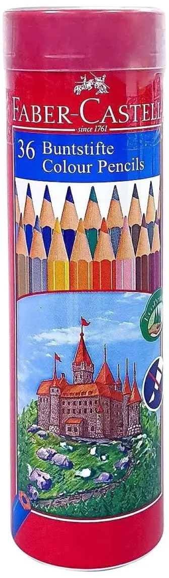 Faber-Castell Kuru Boya Kalemi, Kırmızı  Metal Tüp Kutu, 12 Renk, Tam Boy, Kalemtıraş Hediyeli, Yumuşak Mineli