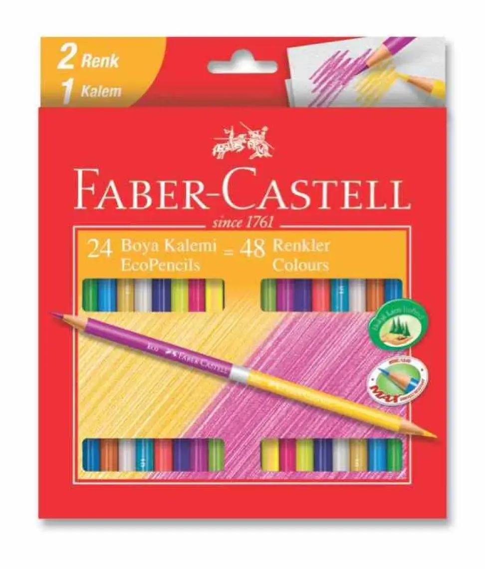 Faber-Castell Bicolor Çift Uçlu Boya Kalemi Seti 24 Adet – 48 Canlı Renk ile Yumuşak ve Keyifli Boyama