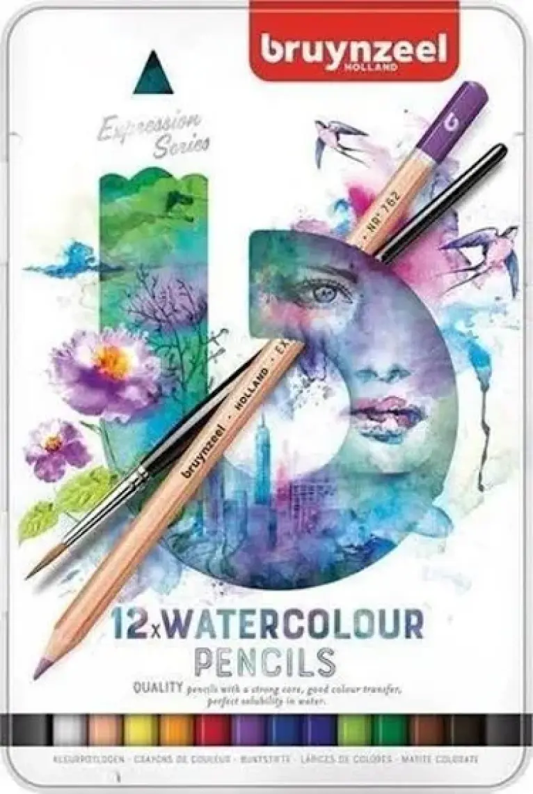 Bruynzeel Expression Aquarelle  Kuru-Sulu Boya Kalem Seti  12 Renk Metal Kutu