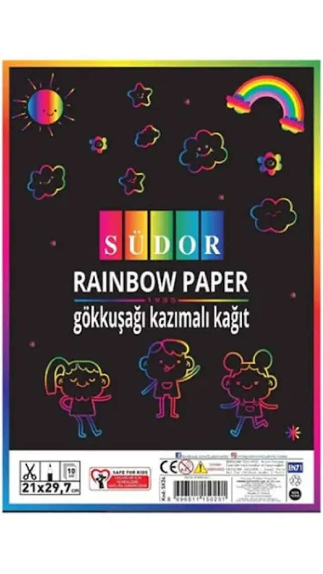 Südor 10 Adet Renkli A4 Boyutunda Gökkuşağı Desenli Kazımalı Sihirli Kağıt