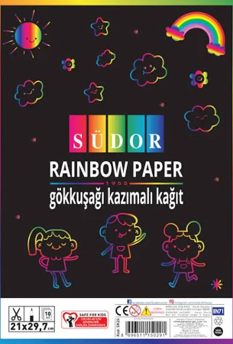 Südor 10 Adet Renkli A4 Boyutunda Gökkuşağı Desenli Kazımalı Sihirli Kağıt