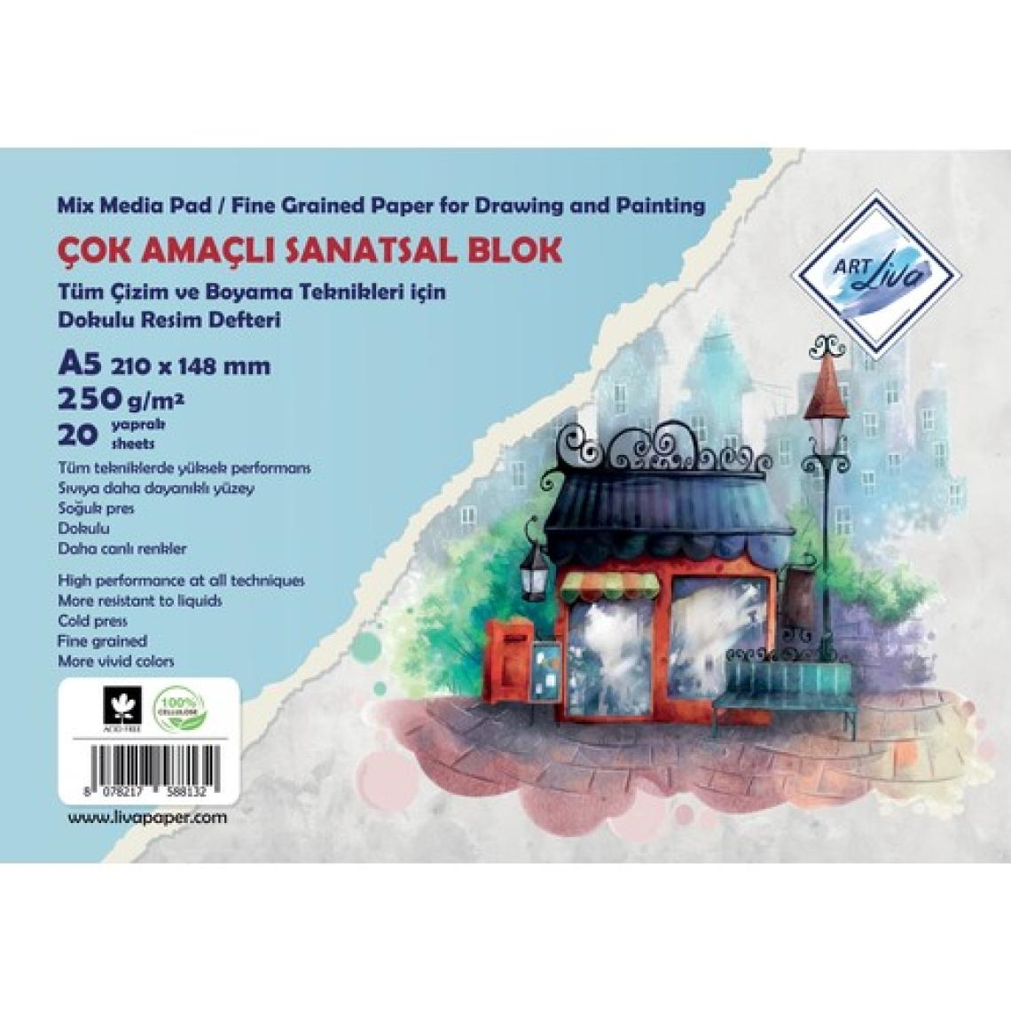 Art Liva A5 Dokulu Sanatsal Sulu Teknik Resim Defteri 250 Gram 20 Yaprak