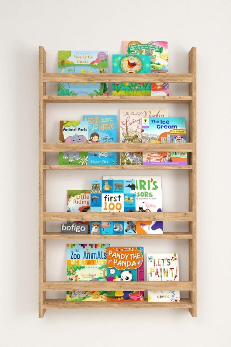 4 Raflı 120 X 74 Cm Montessori Kitaplık Eğitici Çocuk Kitaplığı Çam