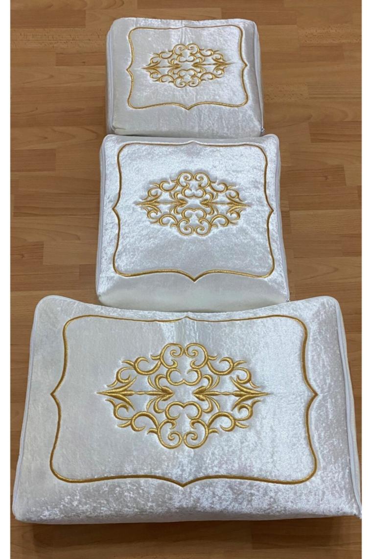 Yarençeyiz Çeyizlik Kadife Gold Sırma Işlemeli 3`lü Krem Bohça Nişan Gelin Damat Hurcu