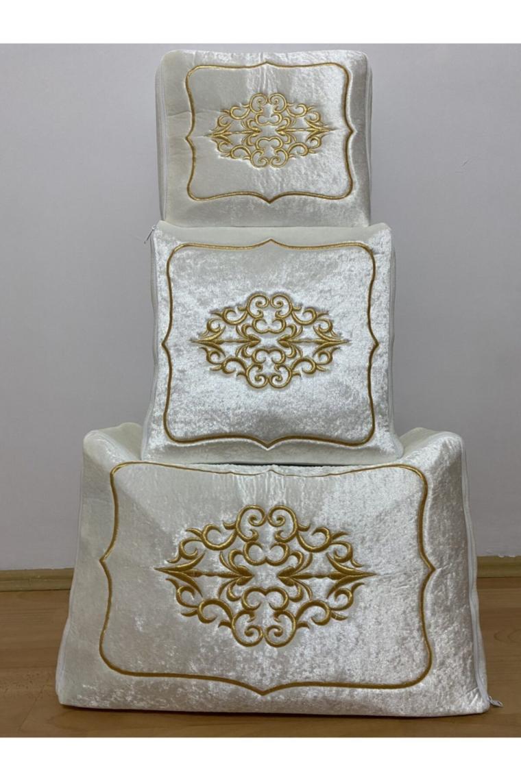 Yarençeyiz Çeyizlik Kadife Gold Sırma Işlemeli 3`lü Krem Bohça Nişan Gelin Damat Hurcu