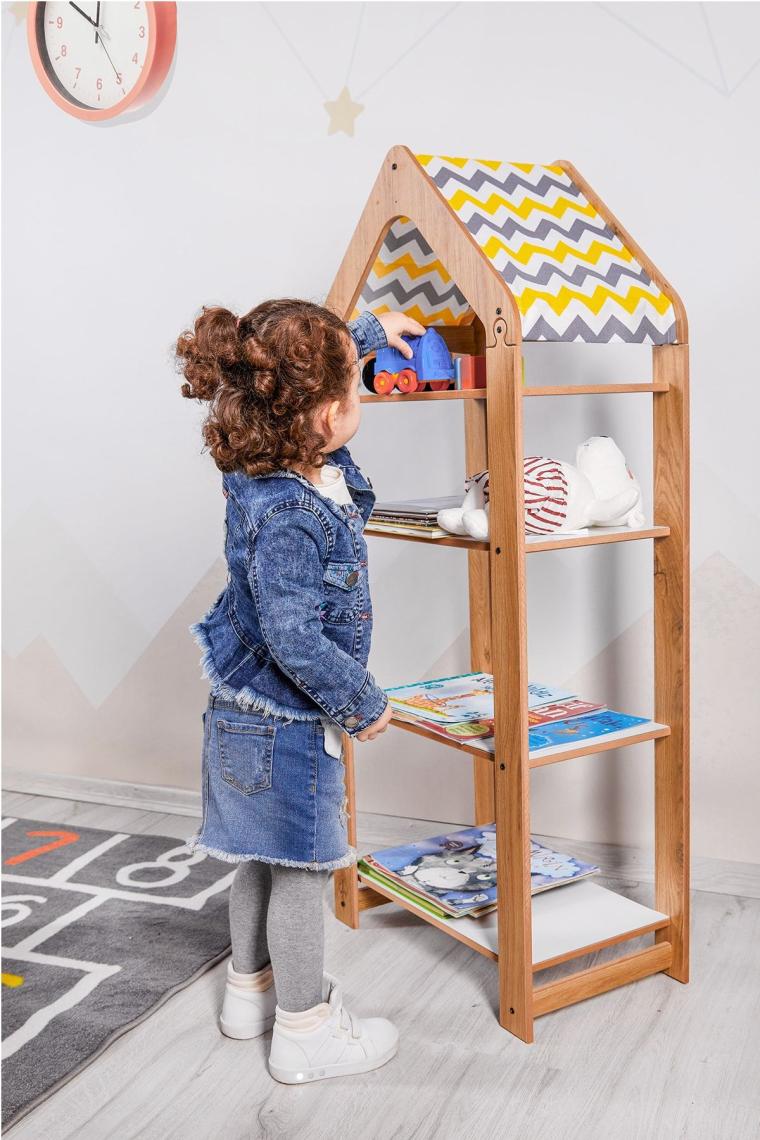 Minera Bebek/Çocuk Odası Ahşap Çok Amaçlı Raf, Oyuncak Toplama, Kitaplık - 4 Raflı