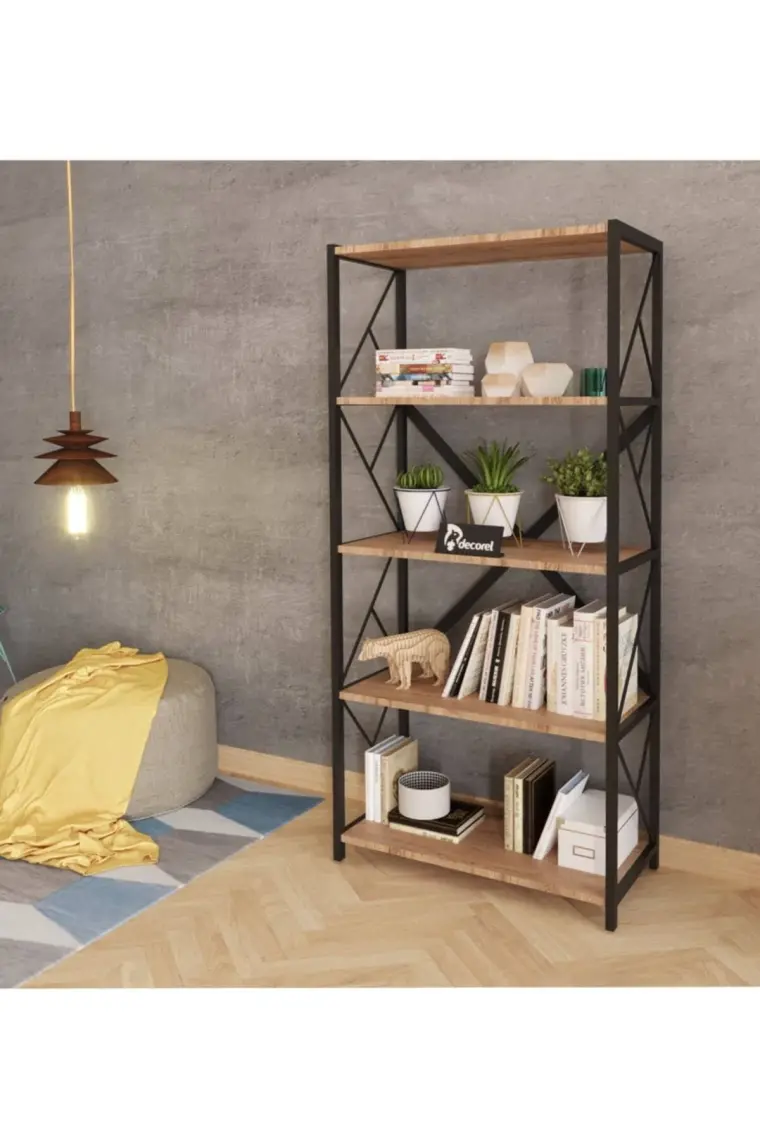 Morpanya Sera Metal Kitaplık 5 Raflı Çok Amaçlı Dosya Kitap Rafı Ofis Salon Mutfak Raf 150 cm Ceviz