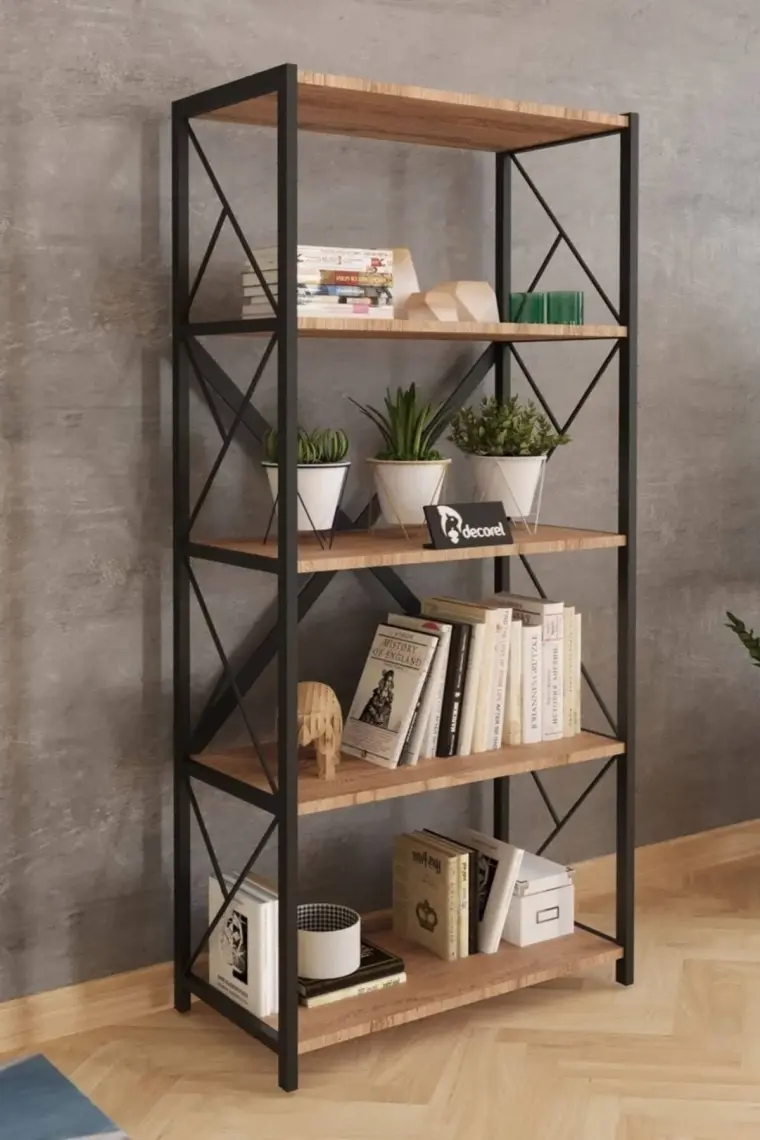 Morpanya Sera Metal Kitaplık 5 Raflı Çok Amaçlı Dosya Kitap Rafı Ofis Salon Mutfak Raf 150 cm Ceviz