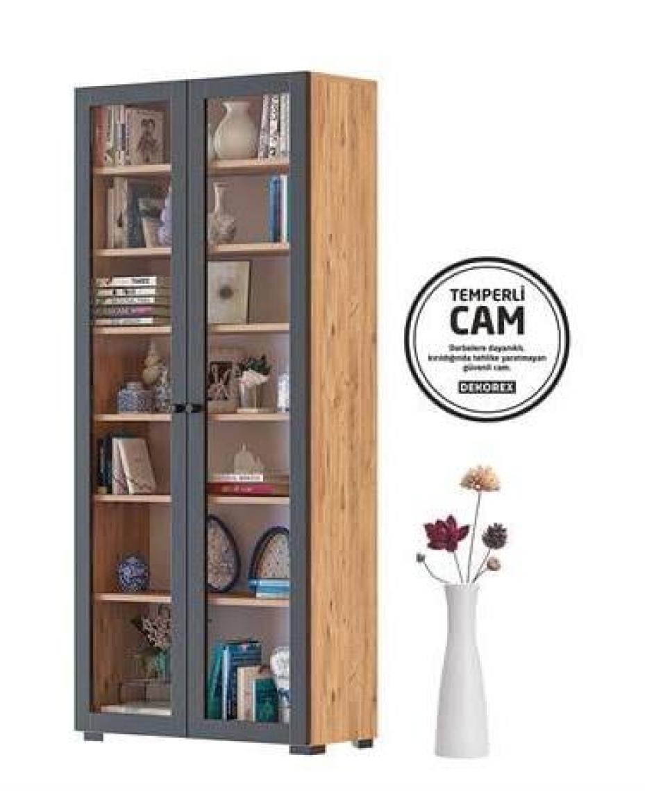 Dekorex KTP211-C-ANTRASIT 2 Cam Kapaklı 6 Raflı Yüksek Kitaplık