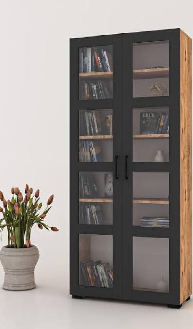 Dekorex KTP211-C-ANTRASIT 2 Cam Kapaklı 6 Raflı Yüksek Kitaplık