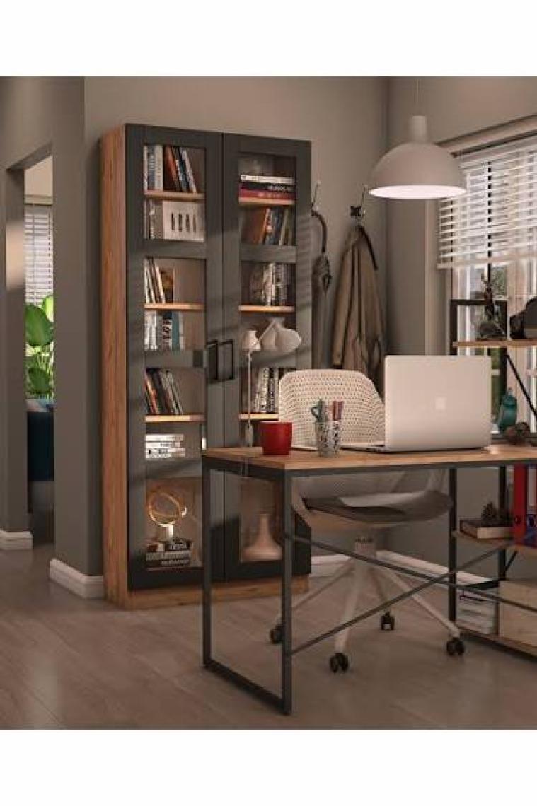 Dekorex KTP211-C-ANTRASIT 2 Cam Kapaklı 6 Raflı Yüksek Kitaplık