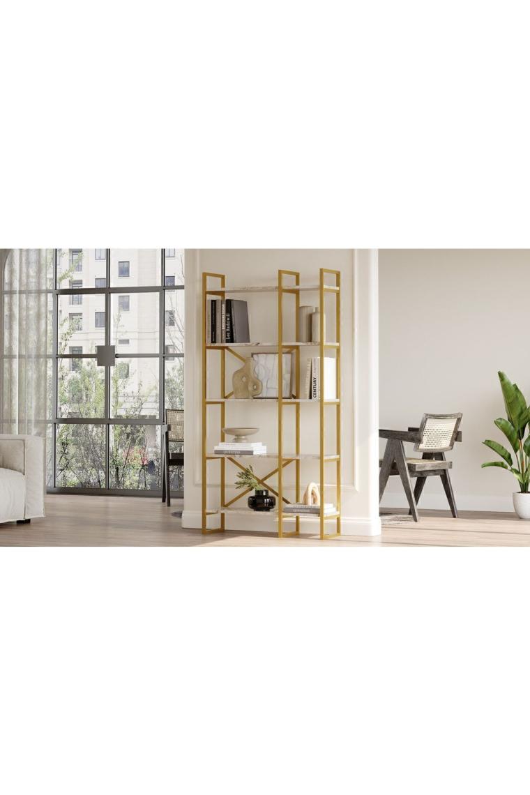 Voyage Gold Metal Kitaplık 5 Raflı 2 Bölme 175cm Mermer Desen Vg4-ge