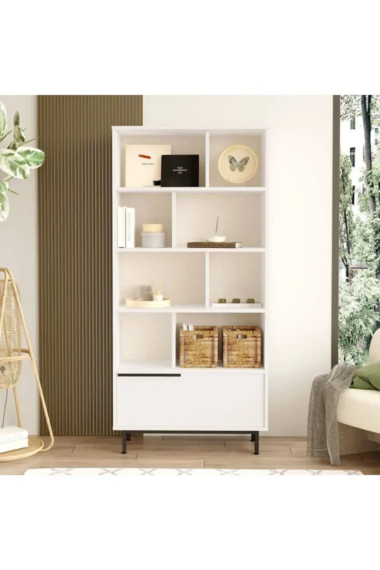 Yurudesign Ocean Kitaplık Raf Metal Ayaklı 176CM Kapaklı Beyaz On4-W