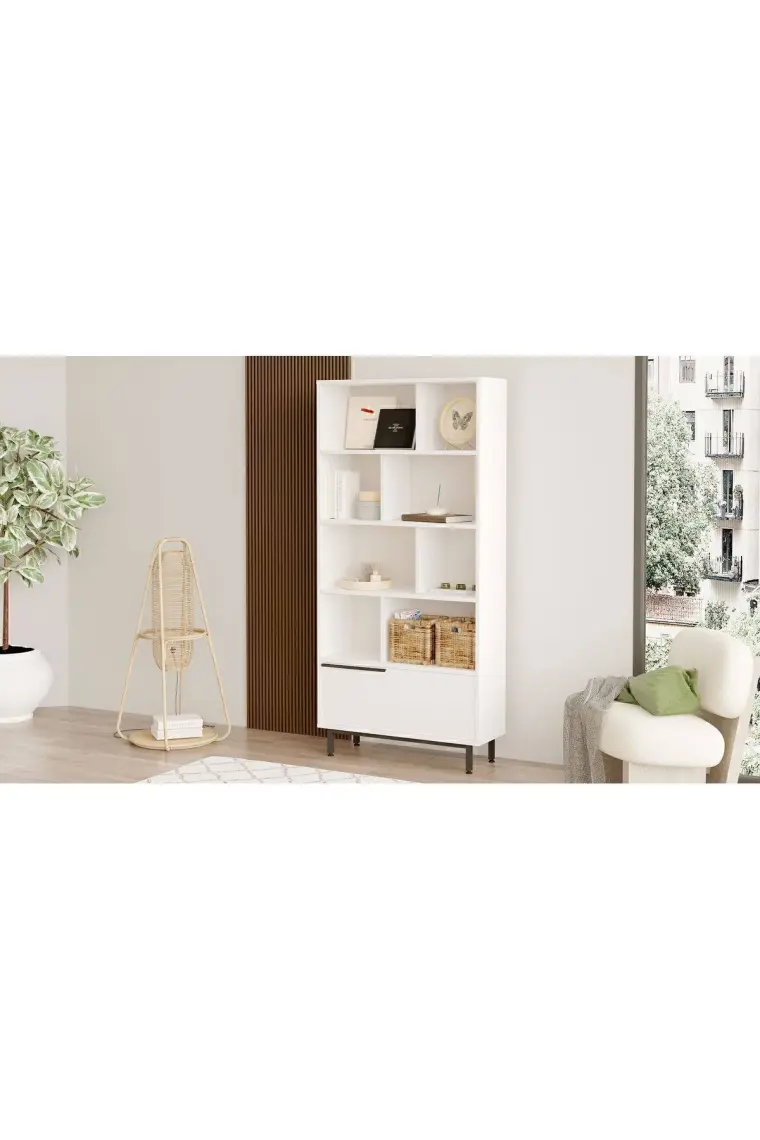 Yurudesign Ocean Kitaplık Raf Metal Ayaklı 176CM Kapaklı Beyaz On4-W