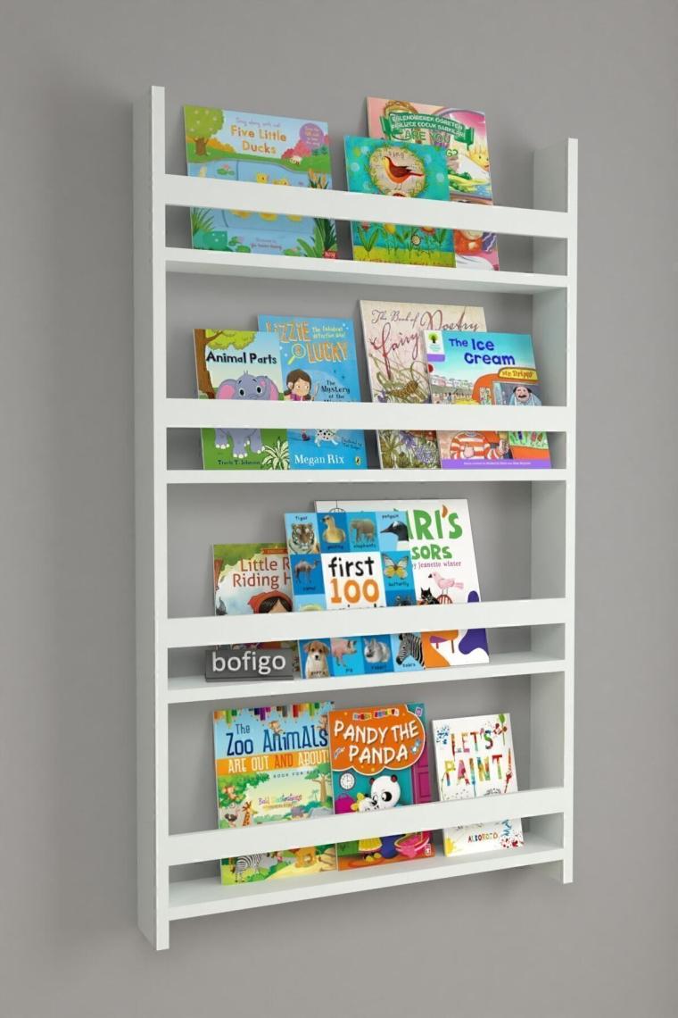 Bofigo 4 Raflı 120 x 74 cm Montessori Kitaplık Eğitici Çocuk Kitaplığı Beyaz