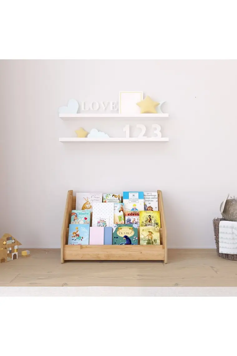 Minera Anka Montessori Ahşap Yer Kitaplığı - MDF, 58x34x37 cm, Mavi, Minimalist Tasarım, Ev ve Ofis Kullanımı İçin