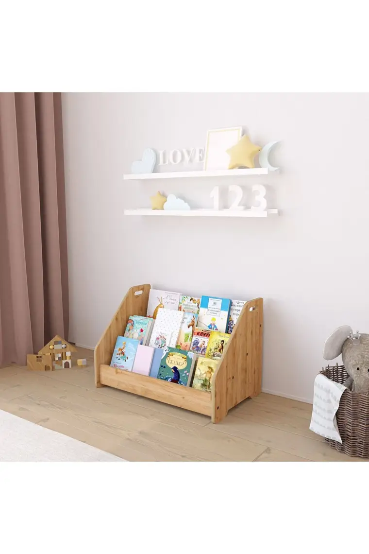 Minera Anka Montessori Ahşap Yer Kitaplığı - MDF, 58x34x37 cm, Mavi, Minimalist Tasarım, Ev ve Ofis Kullanımı İçin