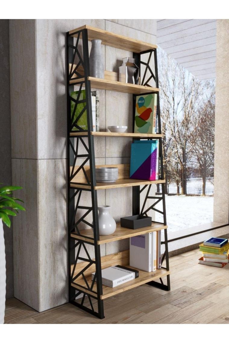 Wood'n Love Albatros 5 Raflı Metal Kitaplık - Atlantik Çam / Siyah