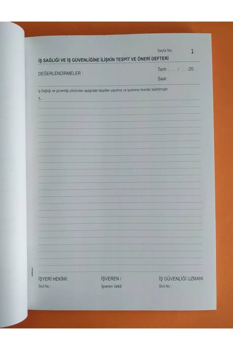 Deftersan Iş Sağlığı İş Güvenliği İş Güvenlik Tespit Öneri Defteri Ciltli Numaralı