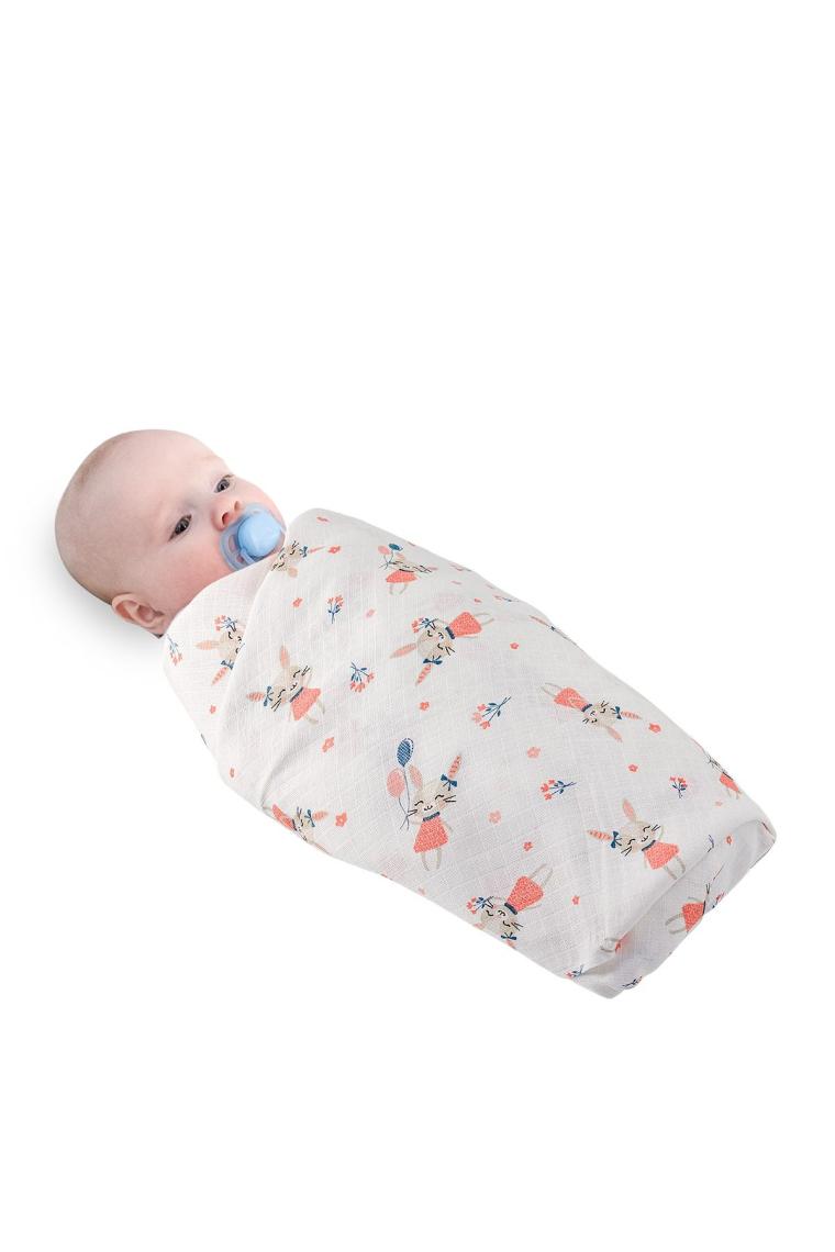 5in1 Müslin Organik Kundak & Anne Bebek Örtüsü 120x120 Set - Tavşan Kız