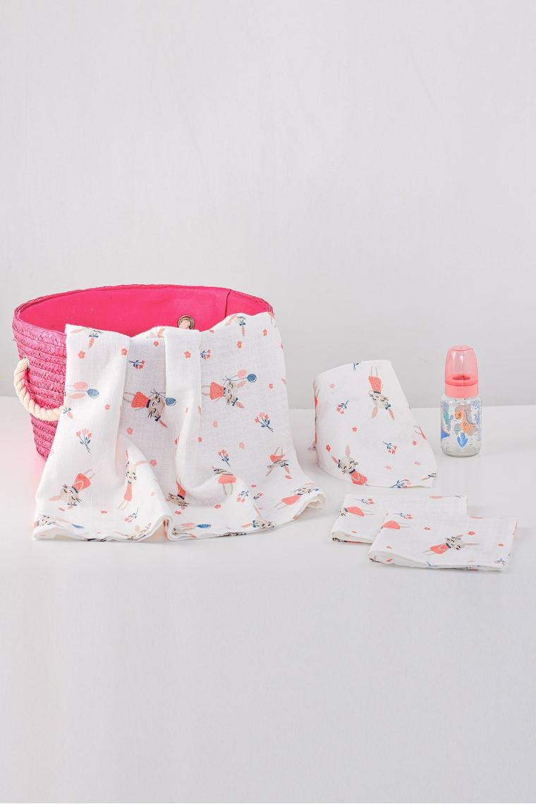 5in1 Müslin Organik Kundak & Anne Bebek Örtüsü 120x120 Set - Tavşan Kız