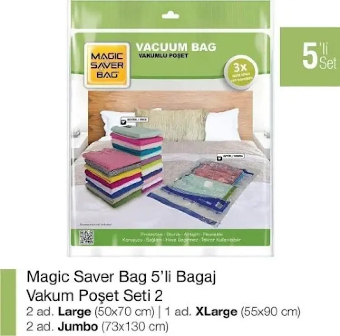 Magic Saver Bag 5'li Vakumlu Poşet Seti (2 L + 1 XL + 2 JUMBO)