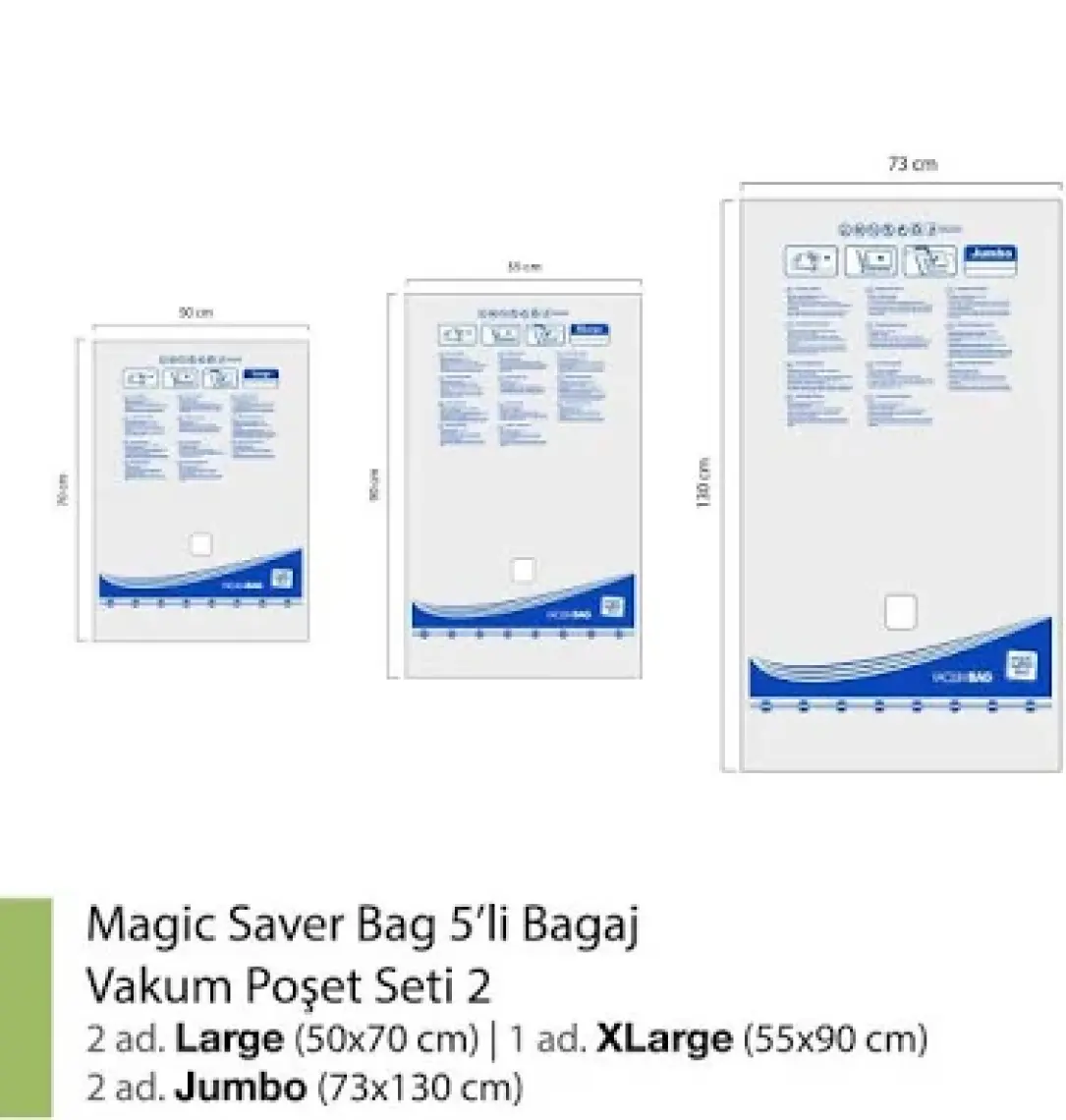 Magic Saver Bag 5'li Vakumlu Poşet Seti (2 L + 1 XL + 2 JUMBO)