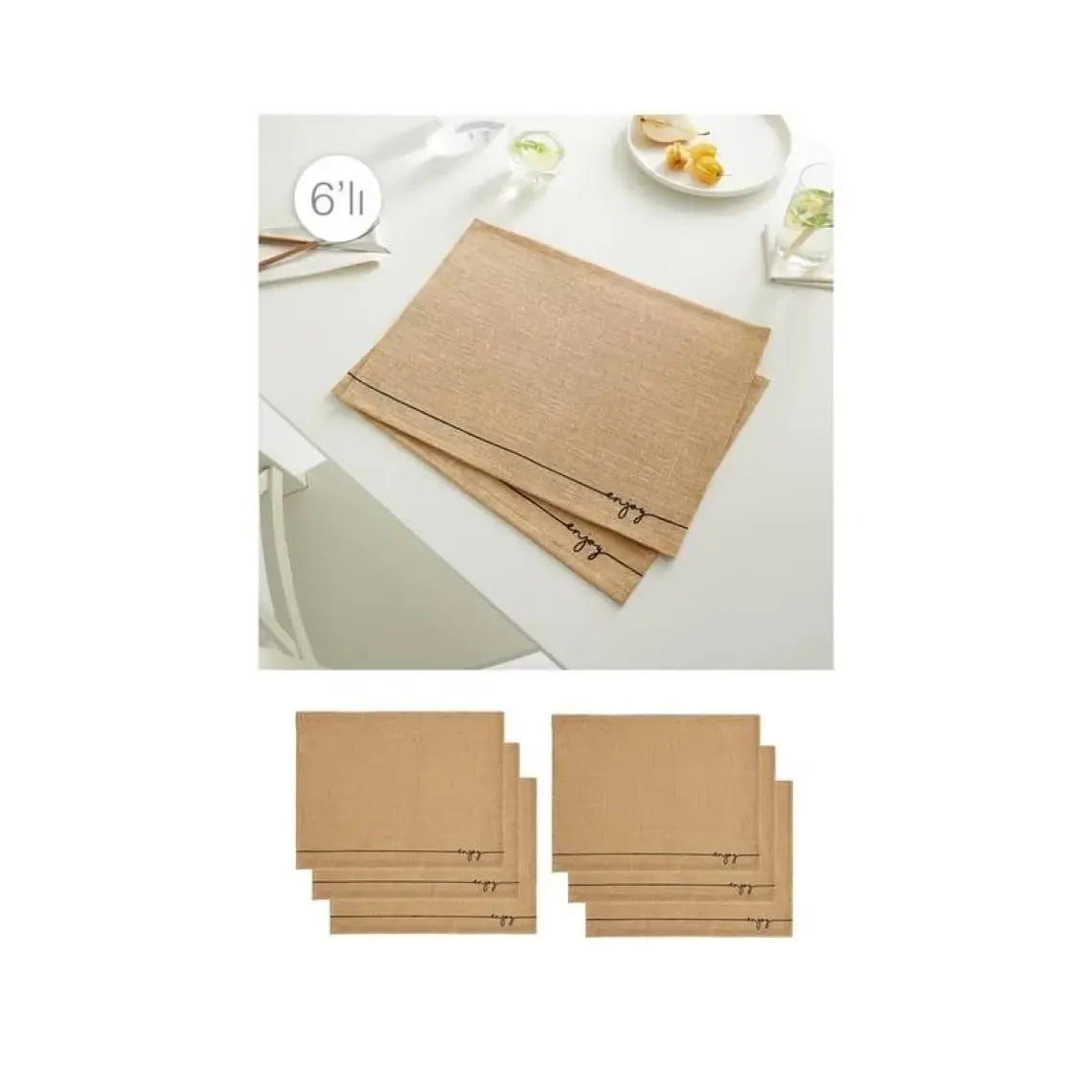 Ocean Home Textile 6 Adet Jüt Enjoy Baskılı Sofra Sunum Tabak Altlığı Supla Amerikan Servisi 45x35