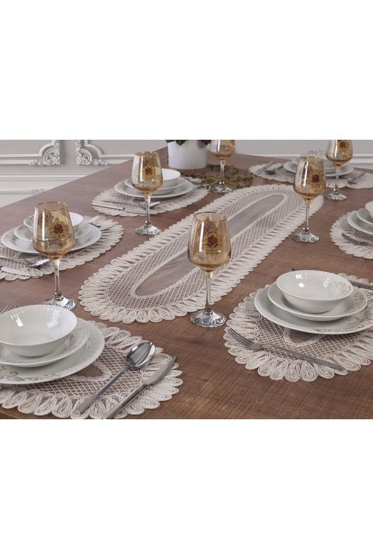 Tropik Home Amerikan Servis Supla ve Runner Seti 8 Kişilik Set Nakışlı Vivien Kırık Beyaz 9 Parça Masa ve Sunum