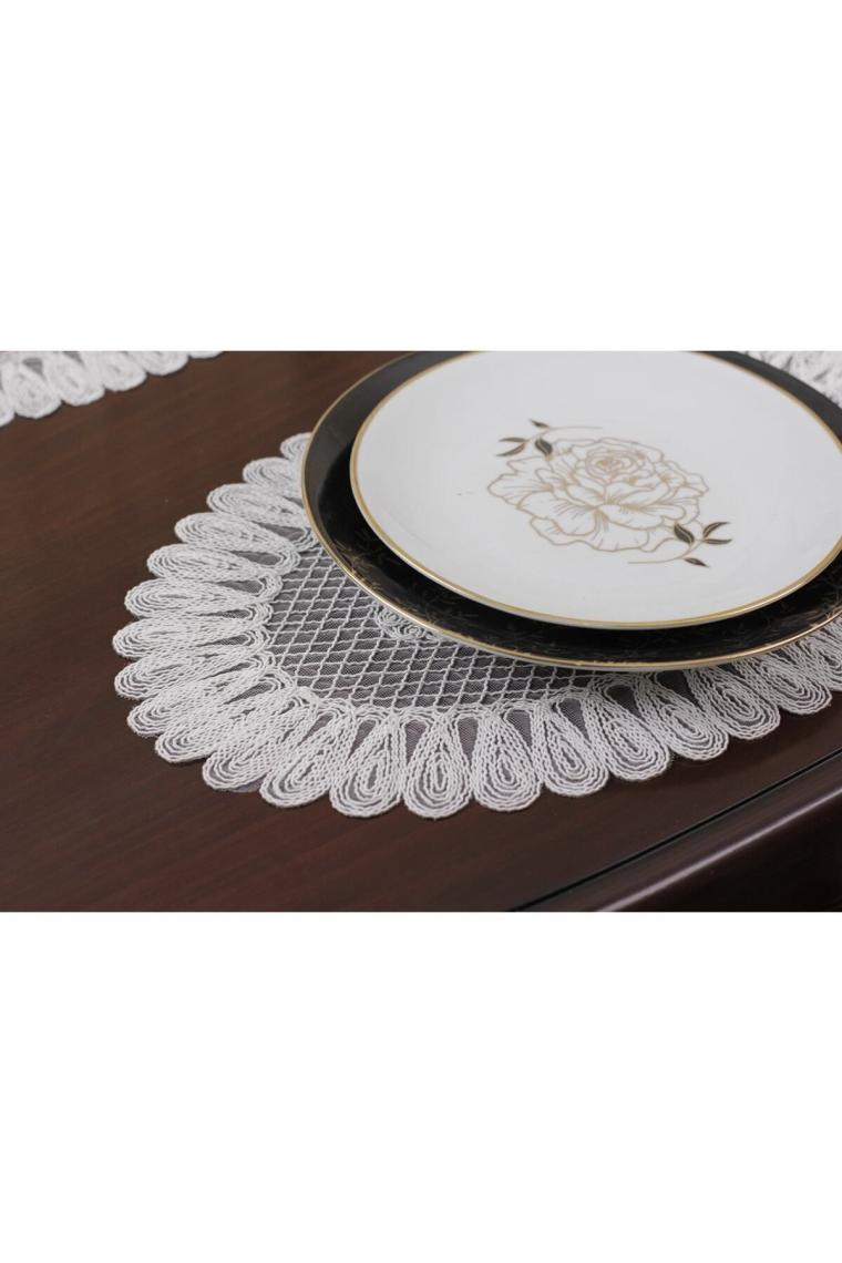 Tropik Home Amerikan Servis Supla ve Runner Seti 8 Kişilik Set Nakışlı Vivien Kırık Beyaz 9 Parça Masa ve Sunum