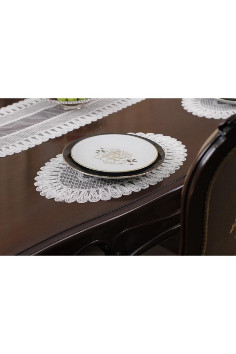 Tropik Home Amerikan Servis Supla ve Runner Seti 8 Kişilik Set Nakışlı Vivien Kırık Beyaz 9 Parça Masa ve Sunum